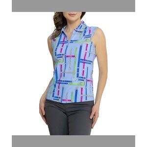 IBKUL Printed Sleeveless Zip Polo Shirt Large‎ Blue Nancy Print UPF 50 Golf NWT